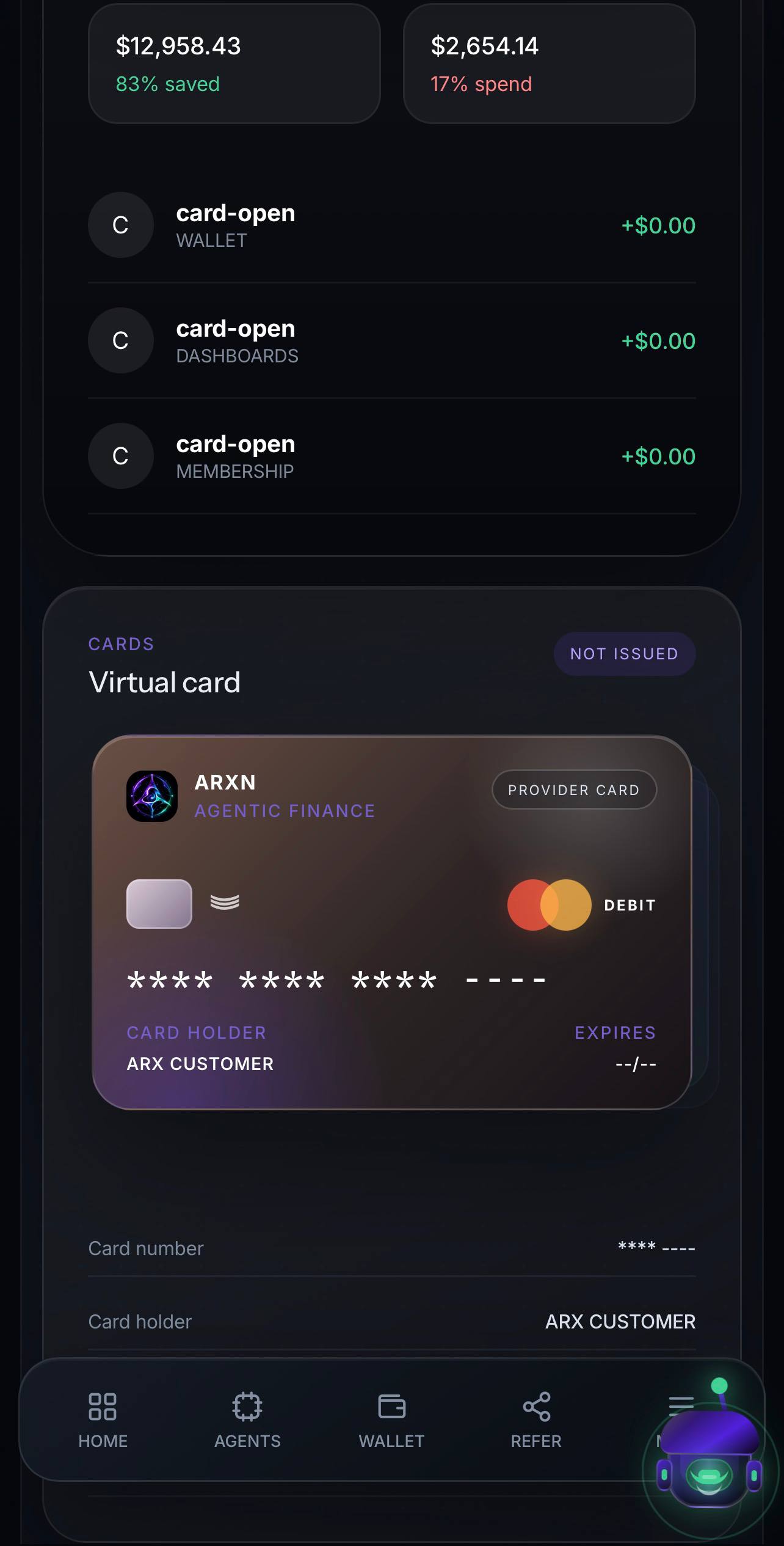 ARXN mobile wallet and virtual debit card view
